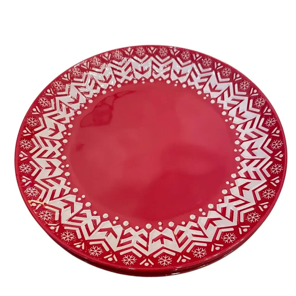 Holiday Red & White Melamine 11in Dinner Plates Set of 4 Christmas Snow New